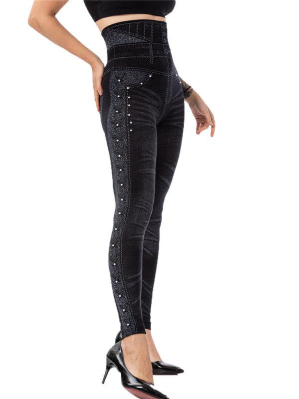 High waist beaded leggings stretch slim cropped pants - 808Lush