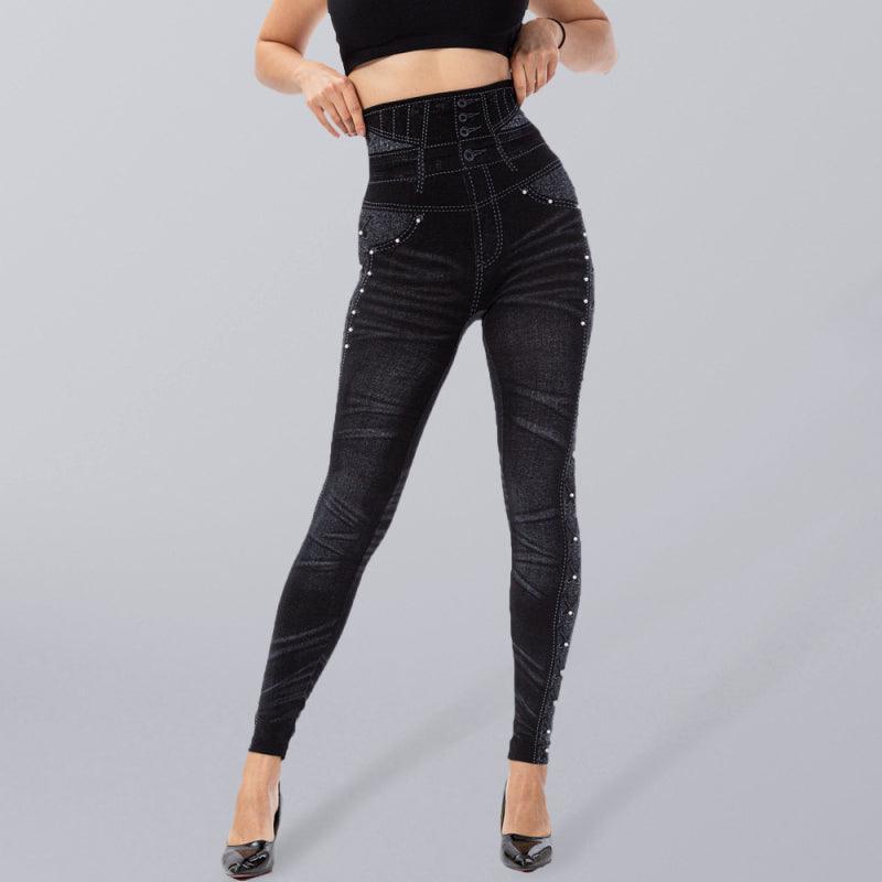 High waist beaded leggings stretch slim cropped pants - 808Lush