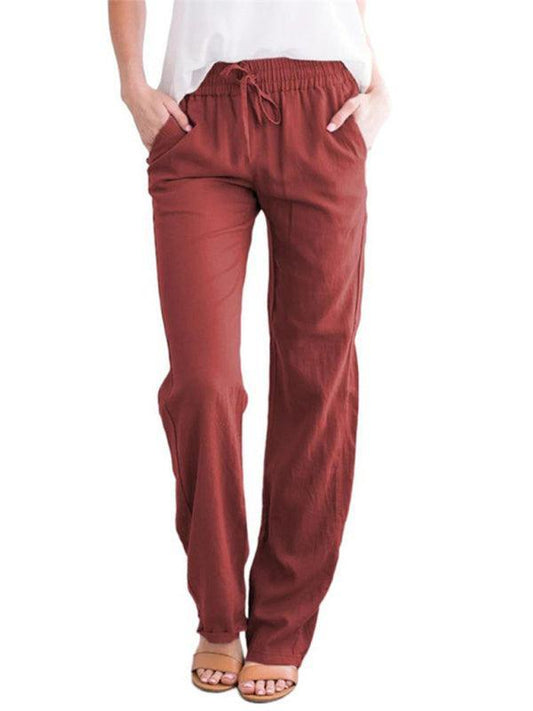 Women's Solid Color Cotton Linen Drawstring Loose Casual Wide Leg Trousers - 808Lush