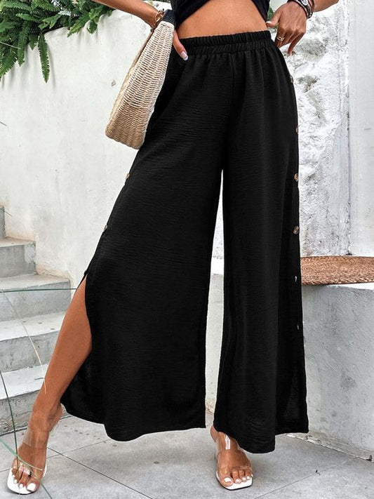 Women's Commuter Style Slit Button High Waist Wide Leg Pants - 808Lush