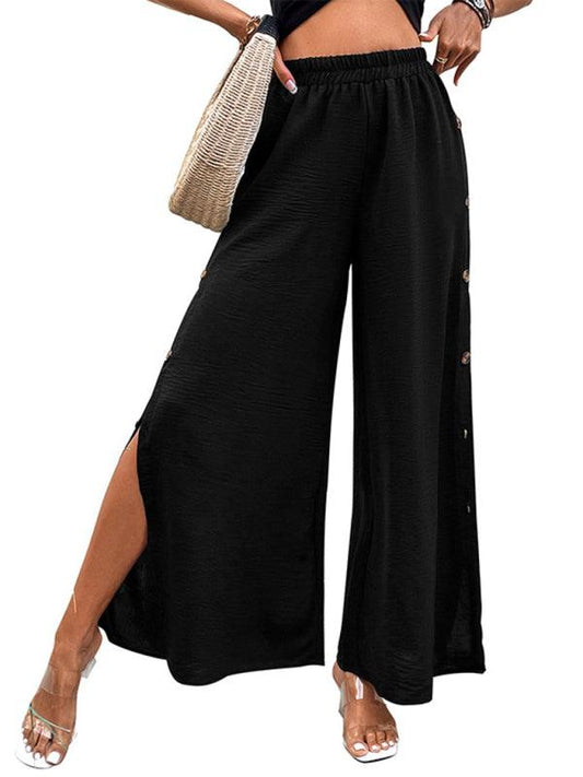 Women's Commuter Style Slit Button High Waist Wide Leg Pants - 808Lush