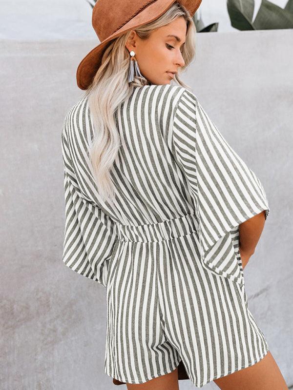 Summer slim waist striped jumpsuit deep V trumpet sleeve three-pointer - 808Lush