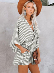 Summer slim waist striped jumpsuit deep V trumpet sleeve three-pointer - 808Lush