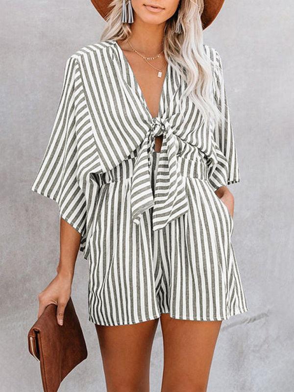 Summer slim waist striped jumpsuit deep V trumpet sleeve three-pointer - 808Lush