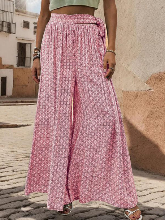 women's lace-up high-waisted casual printed wide-leg trousers - 808Lush