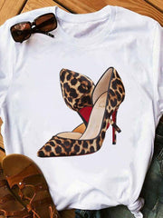 sexy leopard print lips t-shirt round neck short-sleeved T-shirt women's top - 808Lush