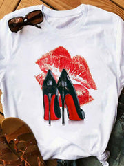 sexy leopard print lips t-shirt round neck short-sleeved T-shirt women's top - 808Lush