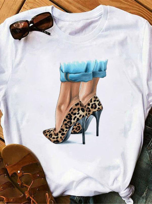 sexy leopard print lips t-shirt round neck short-sleeved T-shirt women's top - 808Lush