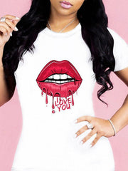 sexy leopard print lips t-shirt round neck short-sleeved T-shirt women's top - 808Lush