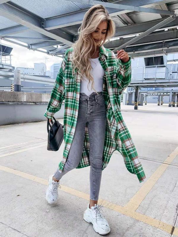 women's casual long plaid jacket - 808Lush