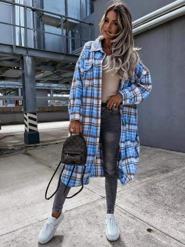 women's casual long plaid jacket - 808Lush