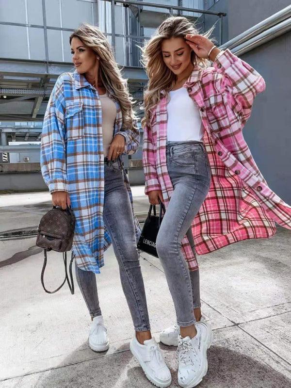 women's casual long plaid jacket - 808Lush