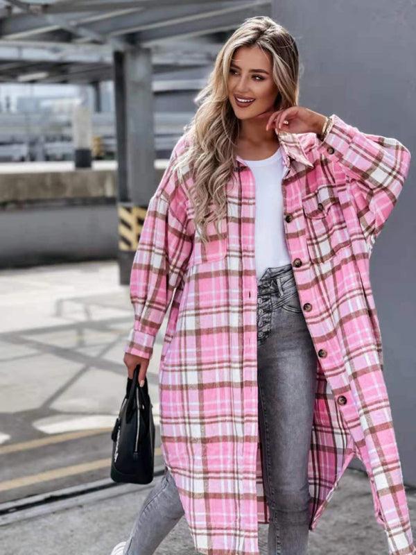 women's casual long plaid jacket - 808Lush