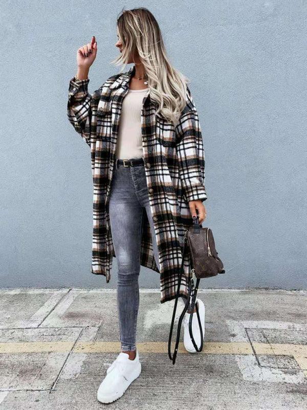 women's casual long plaid jacket - 808Lush