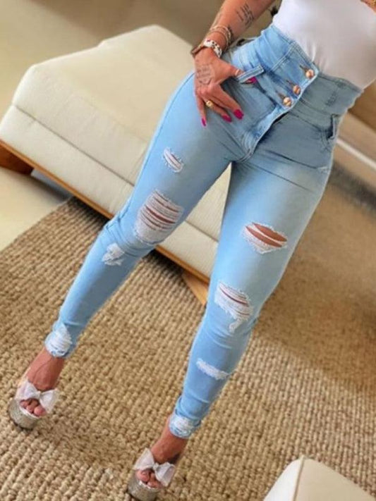 women's high waist ripped jeans pencil pants - 808Lush
