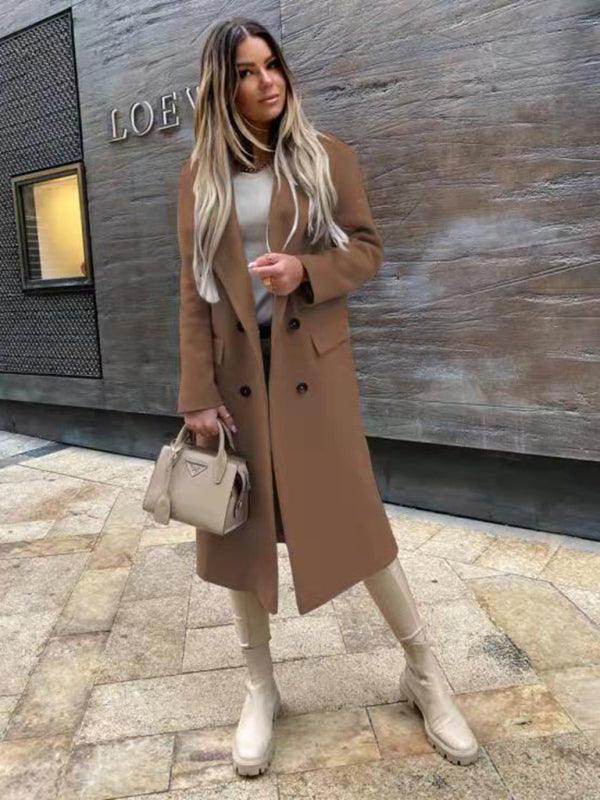 women's long sleeve suit collar double breasted woolen coat coat - 808Lush