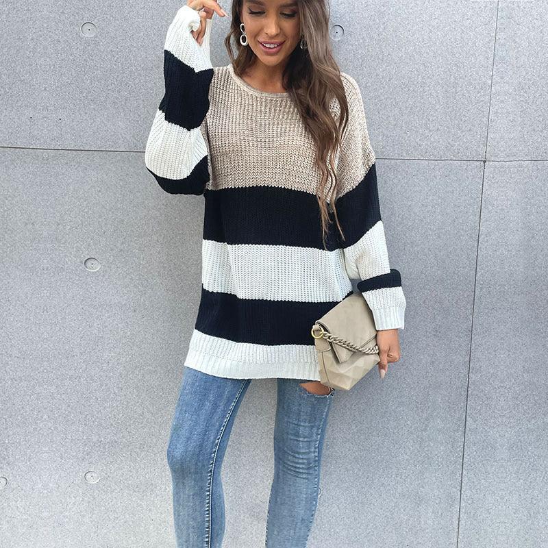 women's mid-length striped round neck knitted sweater - 808Lush