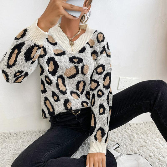 women's pullover knitted long sleeve leopard print sweater - 808Lush