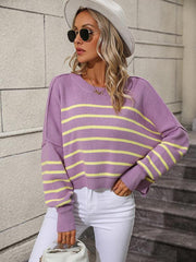 women's round neck knitted sweater loose pullover striped sweater - 808Lush