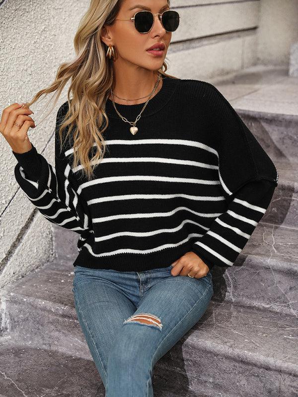 women's round neck knitted sweater loose pullover striped sweater - 808Lush