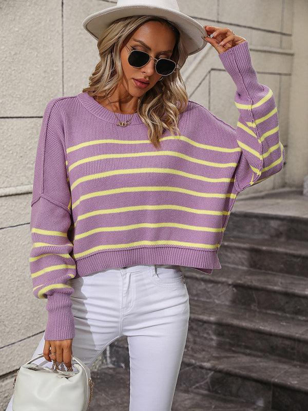 women's round neck knitted sweater loose pullover striped sweater - 808Lush