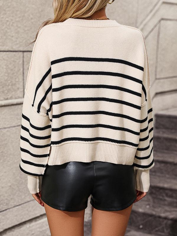 women's round neck knitted sweater loose pullover striped sweater - 808Lush