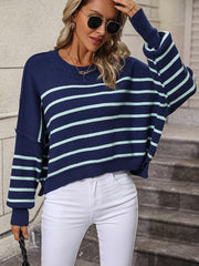 women's round neck knitted sweater loose pullover striped sweater - 808Lush