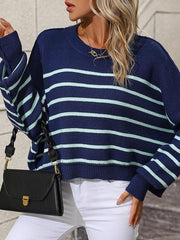 women's round neck knitted sweater loose pullover striped sweater - 808Lush