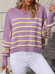 women's round neck knitted sweater loose pullover striped sweater - 808Lush