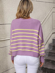 women's round neck knitted sweater loose pullover striped sweater - 808Lush