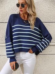 women's round neck knitted sweater loose pullover striped sweater - 808Lush