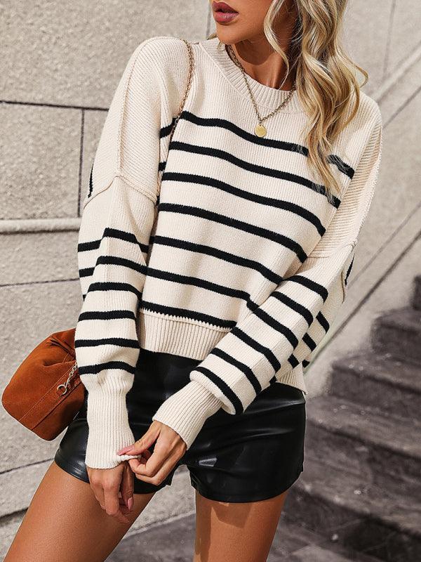 women's round neck knitted sweater loose pullover striped sweater - 808Lush