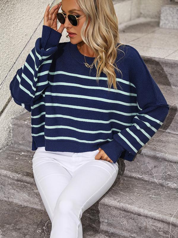 women's round neck knitted sweater loose pullover striped sweater - 808Lush