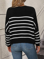 women's round neck knitted sweater loose pullover striped sweater - 808Lush