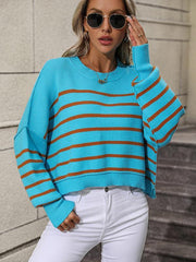 women's round neck knitted sweater loose pullover striped sweater - 808Lush