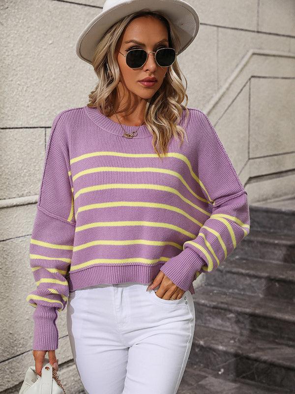 women's round neck knitted sweater loose pullover striped sweater - 808Lush