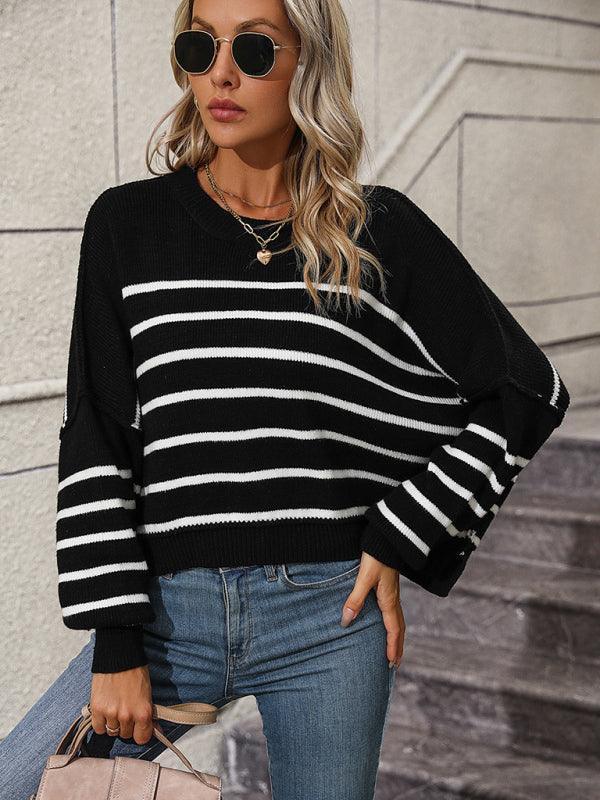 women's round neck knitted sweater loose pullover striped sweater - 808Lush