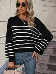 women's round neck knitted sweater loose pullover striped sweater - 808Lush