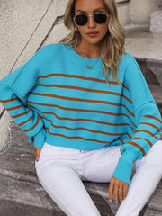 women's round neck knitted sweater loose pullover striped sweater - 808Lush