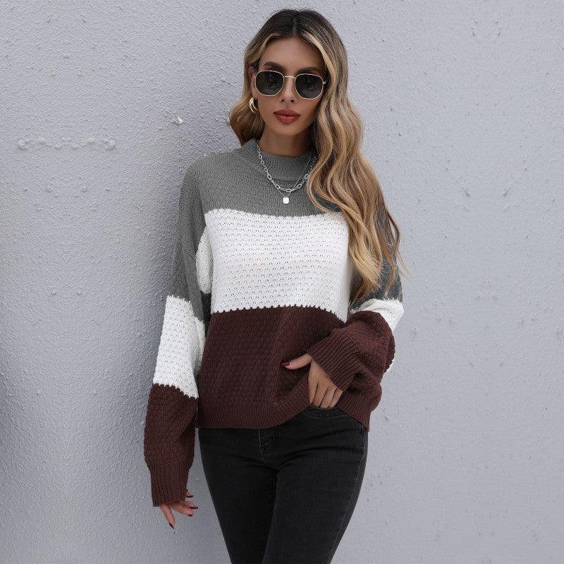 women's round neck long sleeve knitted pullover loose sweater - 808Lush