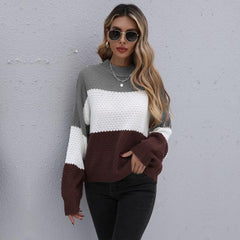 women's round neck long sleeve knitted pullover loose sweater - 808Lush