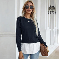 women's slim knitted stitching shirt fake two-piece sweater - 808Lush