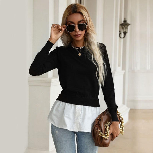 women's slim knitted stitching shirt fake two-piece sweater - 808Lush