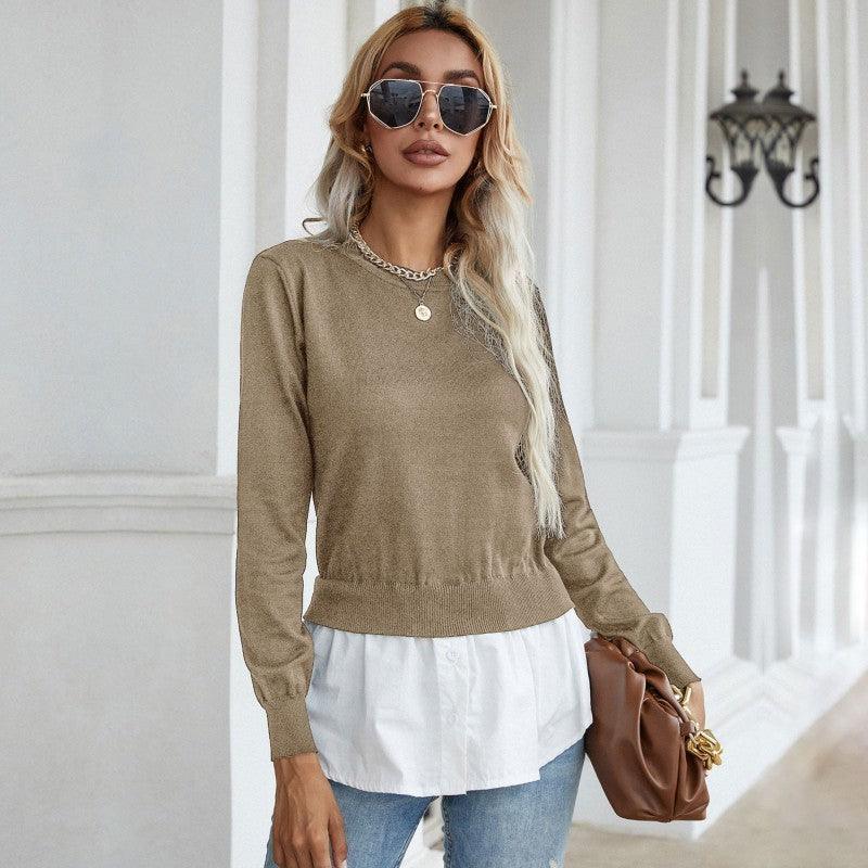 women's slim knitted stitching shirt fake two-piece sweater - 808Lush