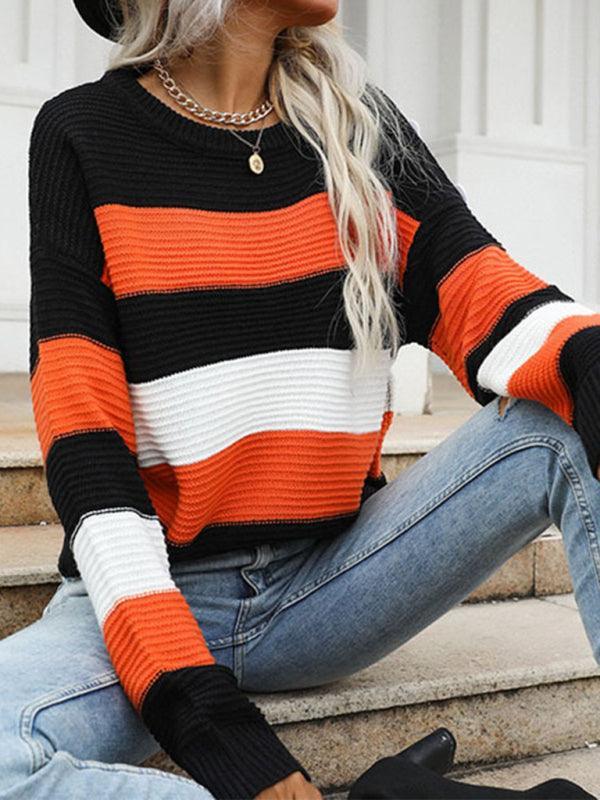 women's thin long sleeve loose striped knitted sweater - 808Lush