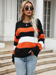 women's thin long sleeve loose striped knitted sweater - 808Lush