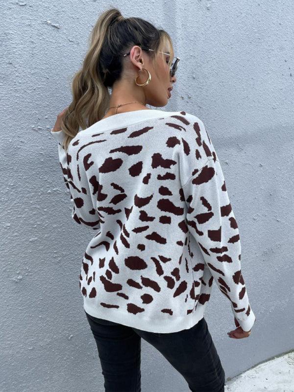 women's wind leopard print v-neck knitted sweater coat - 808Lush